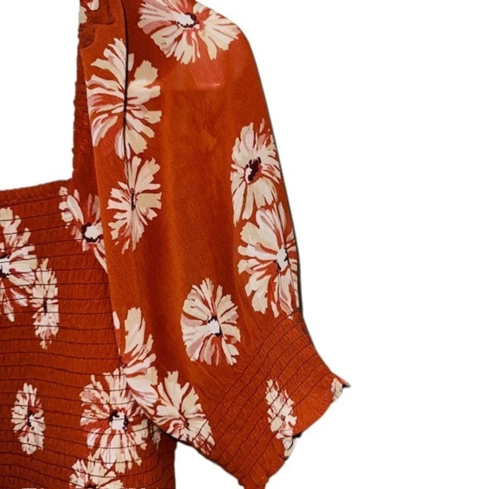 Madewell Georgette Lucie Floral Smocked Top Square Neck Puff Sleeve‎ Rust Size M - Picture 7 of 16